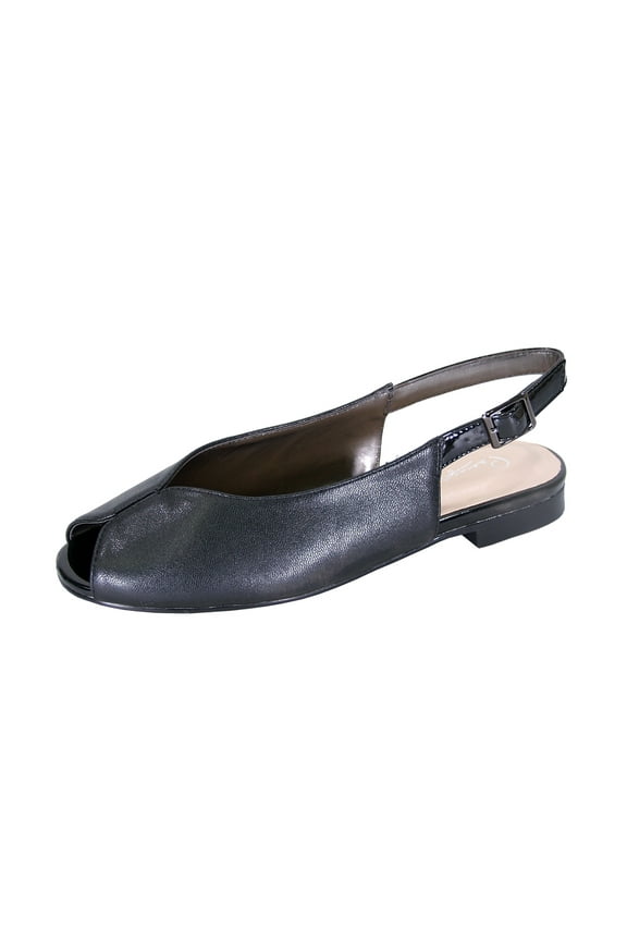 PEERAGE Eden Women Wide Width Peep Toe Adjustable Slingback Comfort Leather Flat BLACK 8