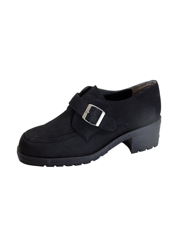 Iona Women's Wide Width Leather Shoes with Adjustable Buckle BLACK 10