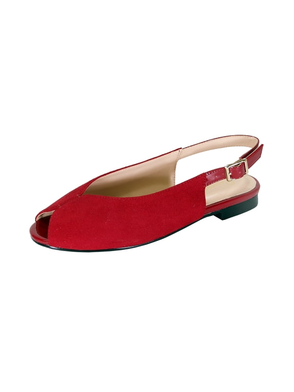 Kelsey Women Wide Width Peep Toe Adjustable Slingback Comfort Suede Flat RED 7