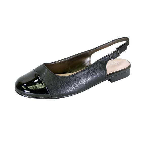 PEERAGE Kennedy Women Wide Width Adjustable Slingback Casual Leather Flat with Patent PU Round Toe Cap BLACK 9