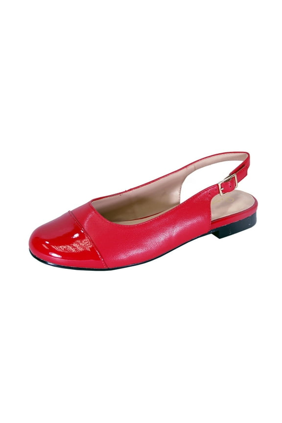 Kennedy Women Wide Width Adjustable Slingback Casual Leather Flat with Patent PU Round Toe Cap RED 9.5