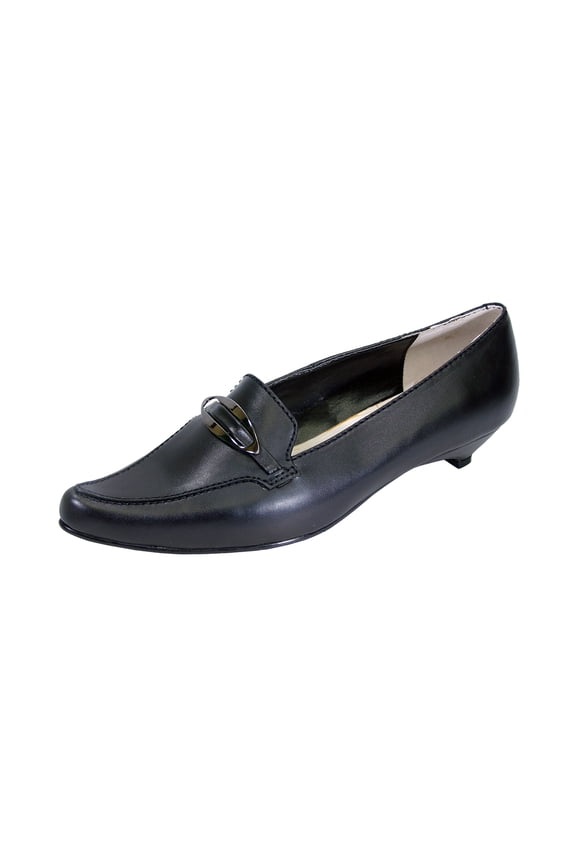 Louise Women Extra Wide Width Smart Casual Leather Loafers with Kitten Heels BLACK 6