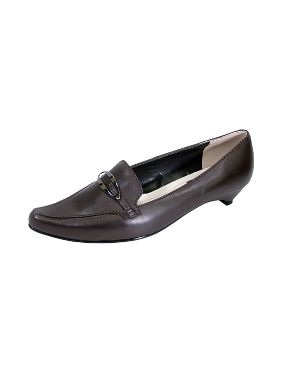 Louise Women Extra Wide Width Smart Casual Leather Loafers with Kitten Heels BROWN 5.5