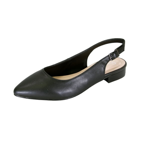 PEERAGE Macy Women Wide Width Pointed Toe Leather Dress Slingback Flat with Leather Stack Heel BLACK 7.5