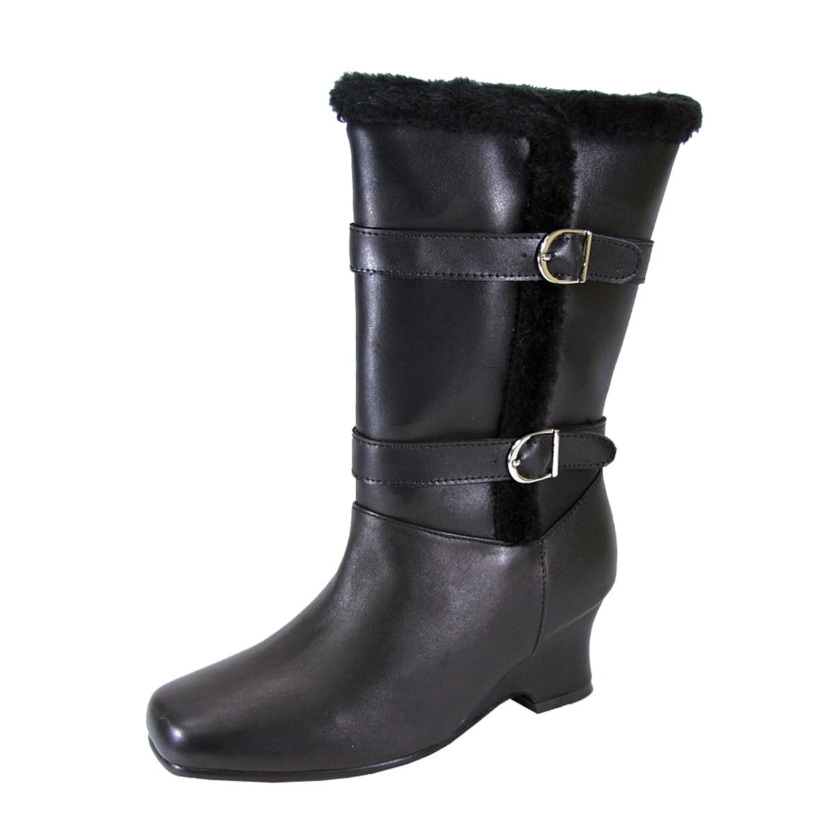 PEERAGE Rihanna Women Extra Wide Width Fleece Lined Leather Boots with Side Zipper/Decorative Buckles BLACK 5.5