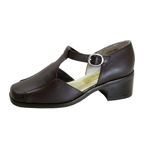 PEERAGE Sheba Women's Wide Width T-Strap Leather Shoes BROWN 6.5