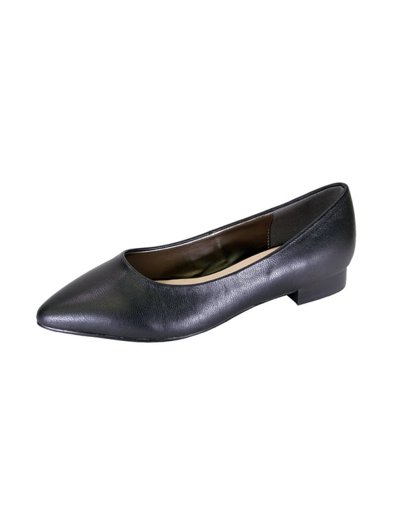 Tasha Women Wide Width Classic Pointed Toe Leather Casual or Dress Flat with Stack Heel BLACK 11