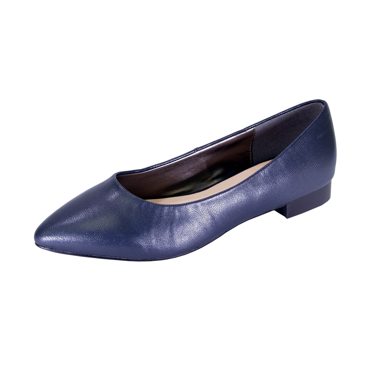 PEERAGE Tasha Women Wide Width Classic Pointed Toe Leather Casual or Dress Flat with Stack Heel NAVY 11