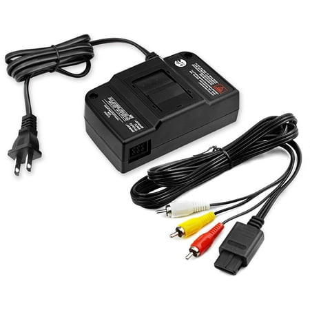 PEGLY 2-1 N64 Power Supply, N64 AV Cable, AV Composite Cable Video Cord & Replacement AC Adapter Set For Nintendo 64 (with av Cable)