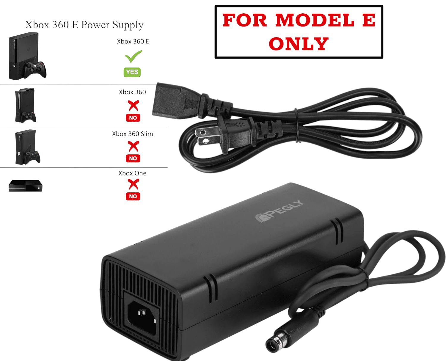 PEGLY Power Supply for Xbox 360 E, Power Supply Brick with Power Cord, AC Adapter Power for Microsoft Xbox 360 E Console, 100-240V