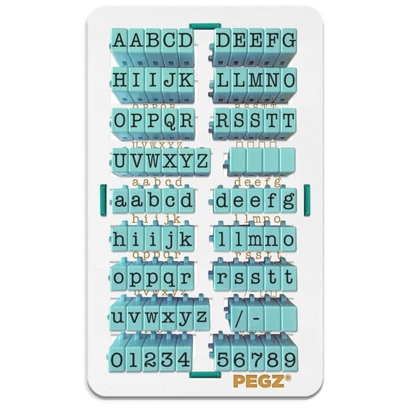PEGZ Alphabet Stamps Clickable - Connectable American Typewriter Font Uppercase, Lowercase & Numbers 90 pc Medium Size with Organizer
