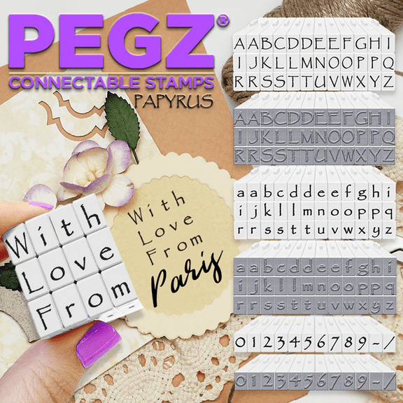 PEGZ Alphabet Stamps Clickable - Connectable Papyrus Font Uppercase, Lowercase & Numbers 84 Pc Medium Size