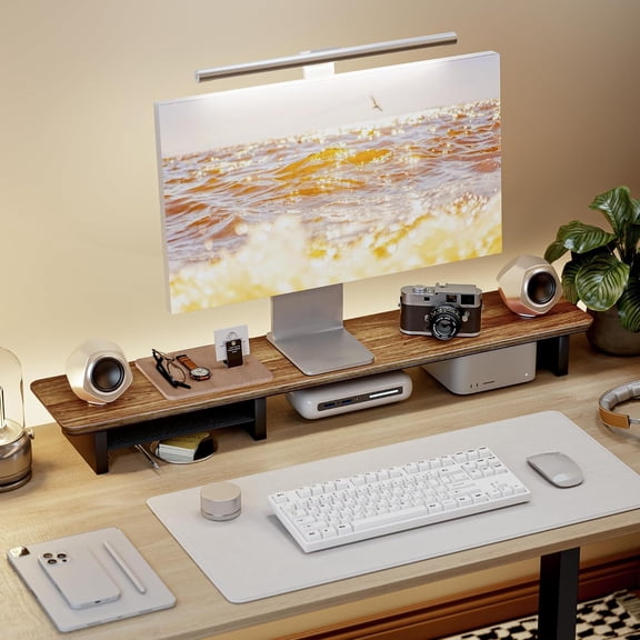 PEGZONE 46" Dual Monitor Stand Riser, Walnut Wood Desk Shelf with Metal Storage Shelf, 2-Tier Desktop Organizer for 2 Monitors, TV, Laptop & Printer, Home Office, Natural