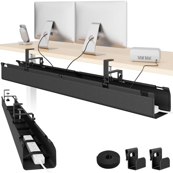 PEGZONE 47.2" Under Desk Cable Management Tray, No-Drill Clamp-On Fabric Cable Organizer for Power Strips, Adapters and Cords, 2 Hooks & Cable Tie Roll, Black