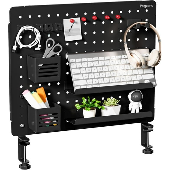 PEGZONE Clamp-on Desk Pegboard, Desk Organizer for Office Gaming Home, Magnetic Metal Peg Board with 15 Accessories, Privacy Panel for Office, 20.4" x 16.5", Large, Black
