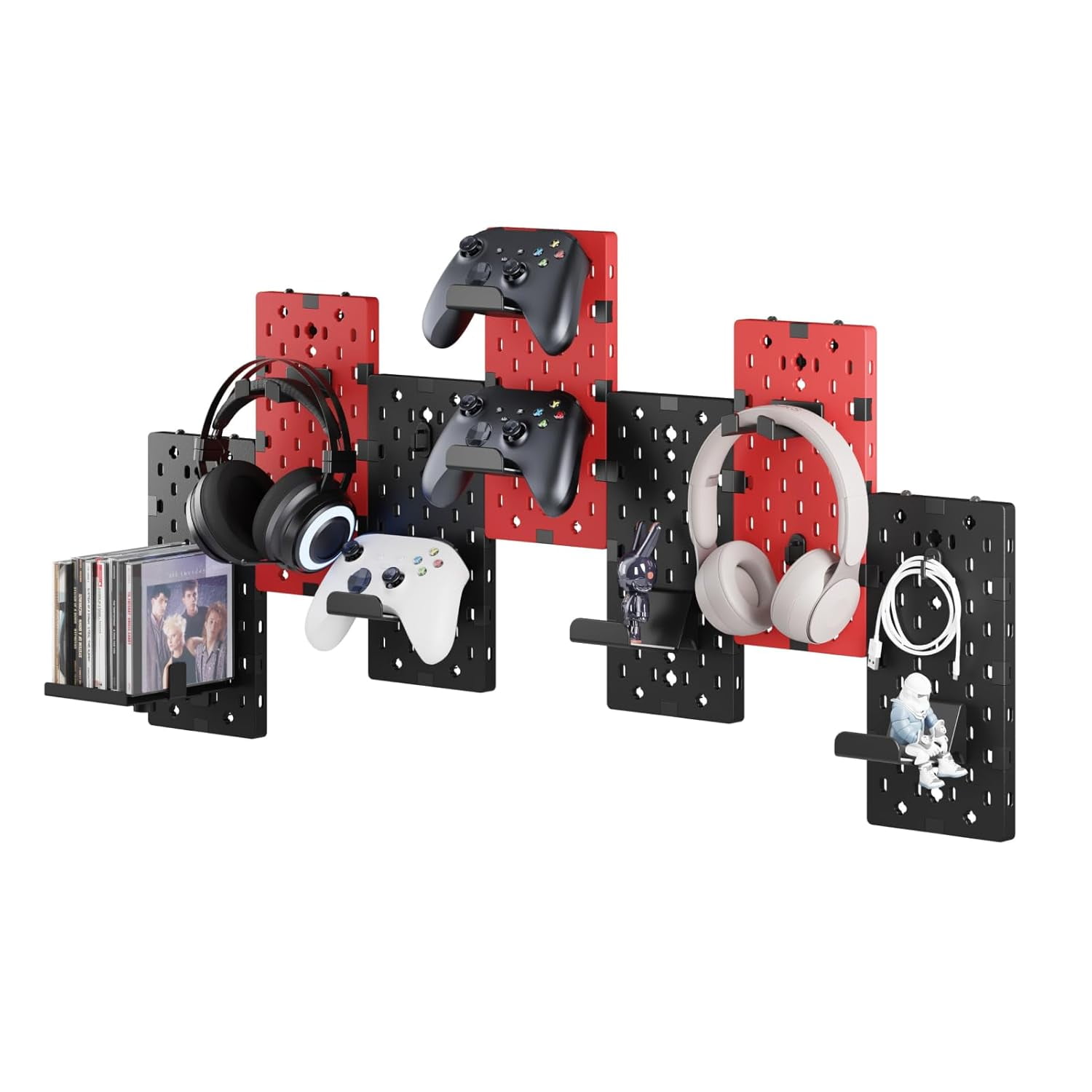 PEGZONE Controller and Headphone Holder Wall Mount, Modular Gaming Pegboard with Accessories, Controller Stand for Xbox PS5 PS4 Switch, Video Game Storage, Disc Shelf Organizer, 7pcs Pegboard, Red