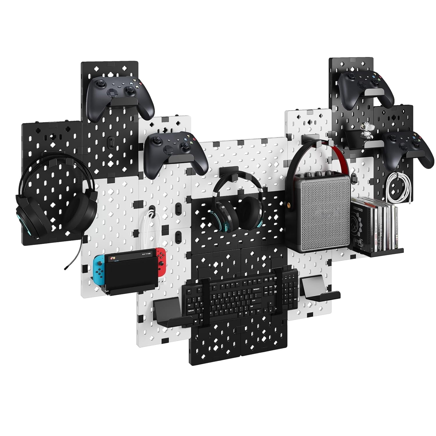 PEGZONE Controller and Headphone Holder Wall Mount, Modular Gaming Pegboard with Accessories, Controller Stand for Xbox PS5 PS4 Switch, Video Game Storage, Disc Shelf Organizer, 14pcs Pegboard, White