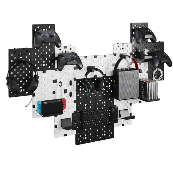 PEGZONE Controller and Headphone Holder Wall Mount, Modular Gaming Pegboard with Accessories, Controller Stand for Xbox PS5 PS4 Switch, Video Game Storage, Disc Shelf Organizer, 14pcs Pegboard, White