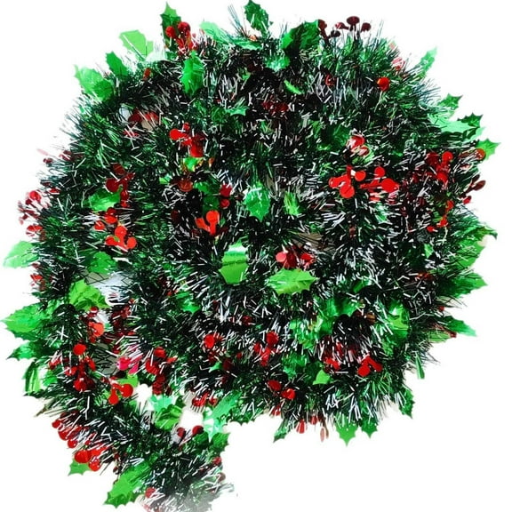 PEIBang 10 Ft Christmas Tinsel Garland,Green Christmas Garland Decorations and Red Berry Shapes,Tinsel Garlands for Home Mantle Stair Party Decor
