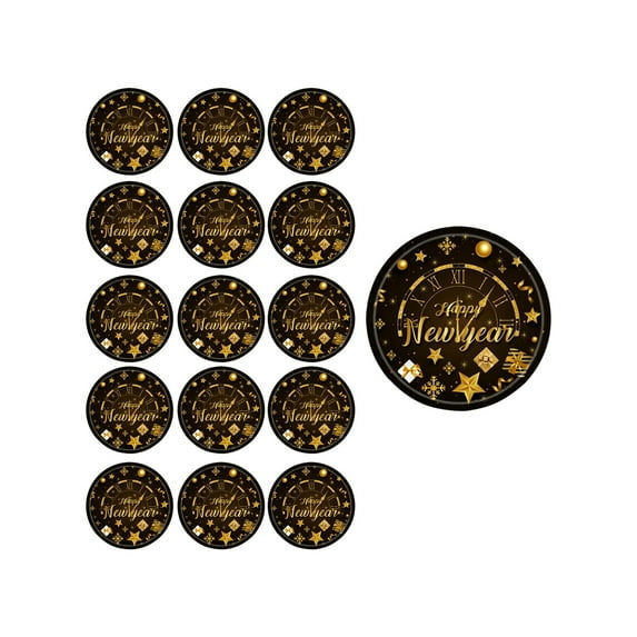 PEIBang 16Pcs Happy New Black and Gold Paper Plates,9 Inch Disposable Dinner Plates Tableware Set for New Year's Eve Party Supplies