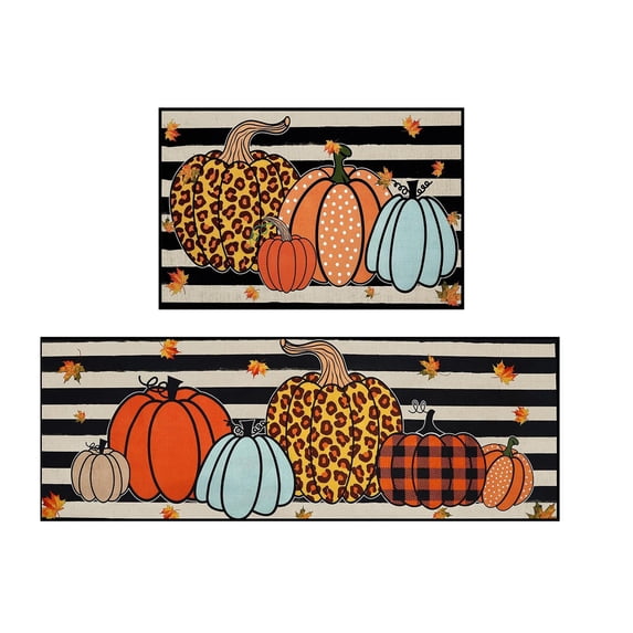 PEIBang 2 Pcs Non-Slip Kitchen Rugs Set Orange Polyester Floor Mats for Kitchen Decor Entryway Laundry Room Easy to Clean Washable Anti Fatigue Cushioned