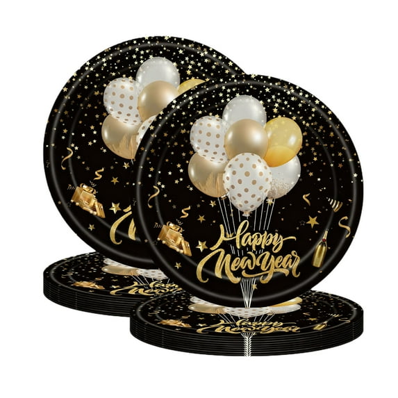 PEIBang 20Pcs Chinese New Year Paper Plates,9" Black and Gold Spring Festival Eve Party Decorations,Disposable Holiday Party Supplies