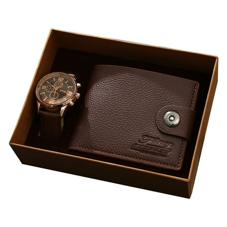 PEIBang 2Pcs Men's Gift Set with Box,Brown Wallet and Watch Gifts for Men,Valentines Day Gifts for Him
