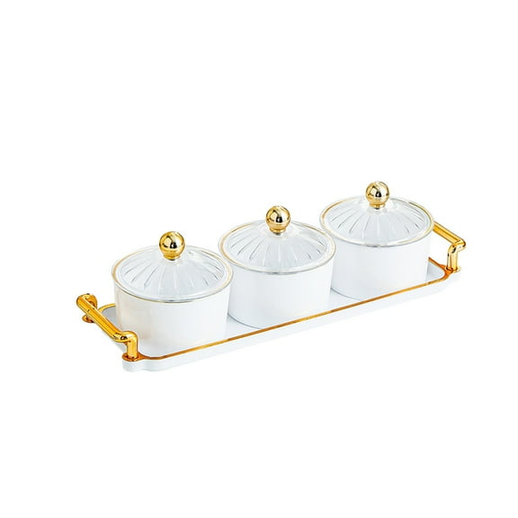 PEIBang 3 Grids Seasoning Containers Set,Condiment Jar Spice Container with Lid and Tray,Condiment Canisters Pots for Sugar,Pepper,Salt,Spice
