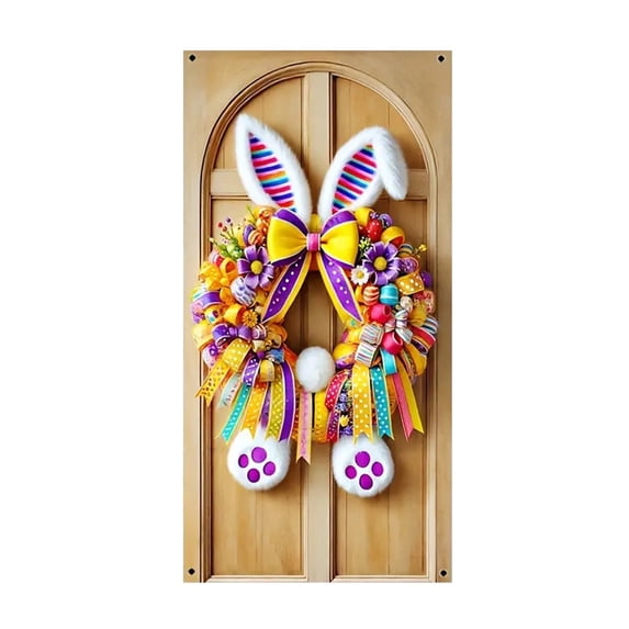 PEIBang 35x71 Inch Easter Banner Door Cover,Colorful Bunny and Egg Porch Sign,Front Door Wall Backdrop for Indoor Outdoor Spring Party Decorations and Photo Booth Props
