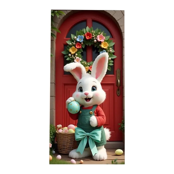 PEIBang 35x71 Inch Easter Banner Door Cover,Colorful Bunny and Egg Porch Sign,Front Door Wall Backdrop for Indoor Outdoor Spring Party Decorations and Photo Booth Props