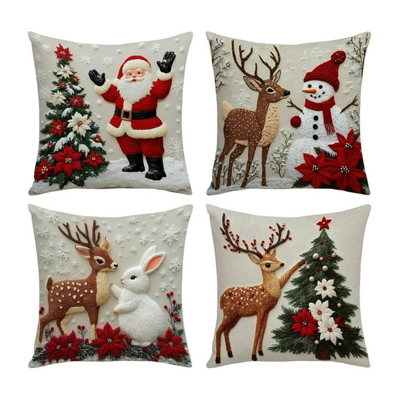 PEIBang 4Pcs Christmas Throw Pillow Covers,18 Inch Vintage Snowman Santa Deer Pillow Cases,Decorative Pillowcover for Couch Sofa Living Room