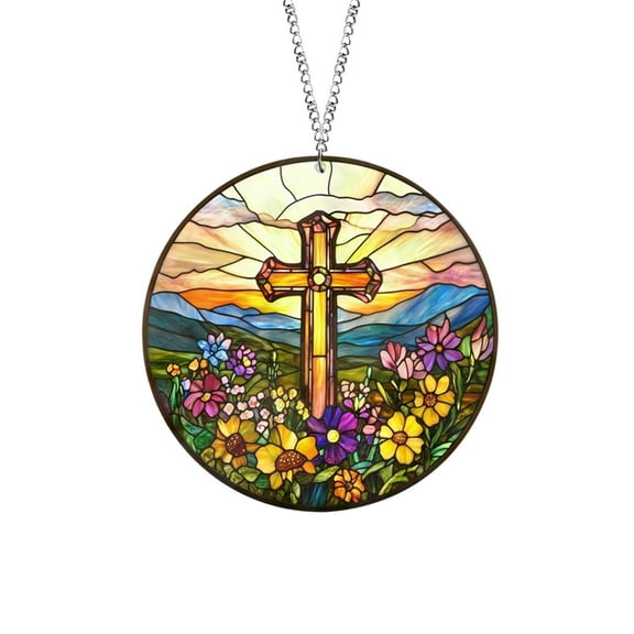 PEIBang 6 Inch Stained Glass Cross and Wildflowers Suncatcher,Christian Stained Glass Windows Hanging Cross Ornament for Easter Religious Home Decor