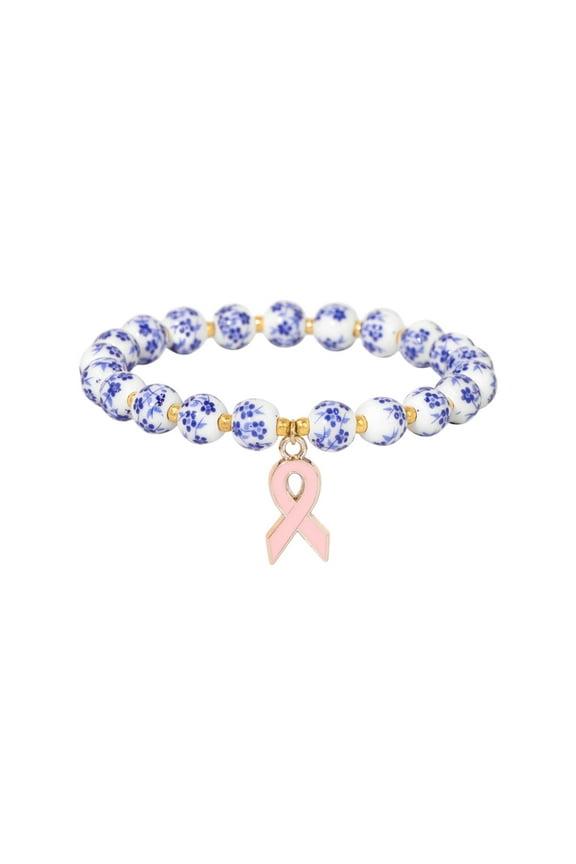 Breast Cancer Bracelets,Inspirational Beads Ribbon Charm Bracelet,Breast Care Encouragement Jewelry for Women Friends Gift