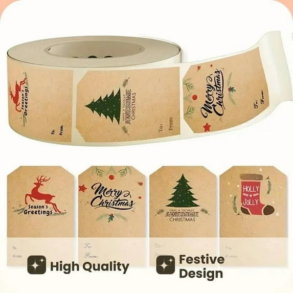 PEIBang Christmas Gift Tags Stickers,Vintage Xmas Tree Reindeer Gift Tags Stickers,Kraft Self-Adhesive Gift Label for Xmas Craft Gift Wrapping