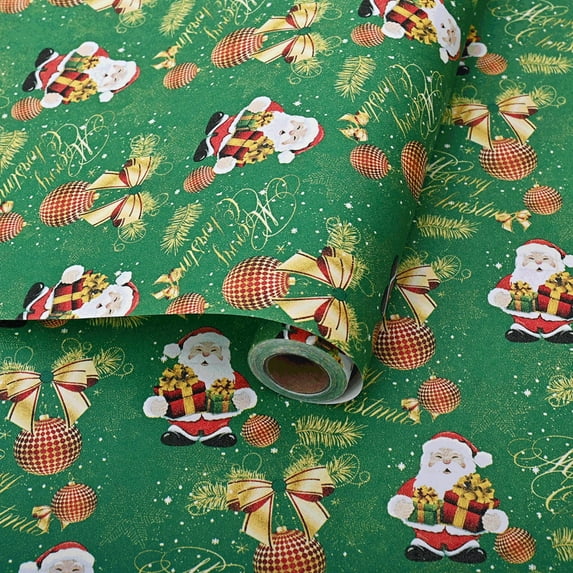 PEIBang Christmas Wrapping Paper Roll,Vintage Kraft Gift Wrapping Paper,Santa Deer Tree Gift Wrap Paper for Xmas Gifts,Winter and Holiday Decor