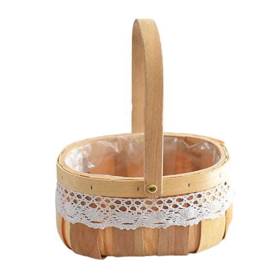 PEIBang Flower Basket,Lace Trim Wicker Rattan Basket with Fringe and Handle,Willow Wedding Flower for Decor