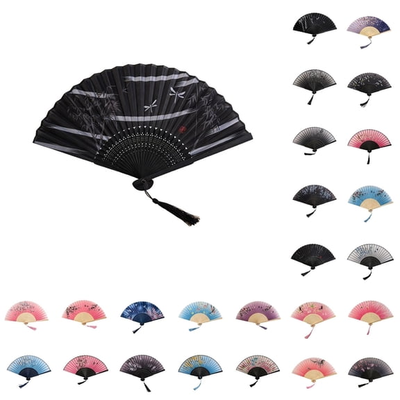 PEIBang Folding Hand Fan,Vintage Bamboo Silk Fan with Tassel for Dance,Performance,Wedding,Party Decoration