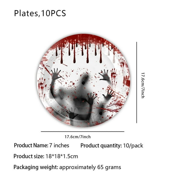PEIBang Halloween Horror Blood Handprint Party Set,7x10 in Paper Plates,Cups,Tablecloth,Flags for Spooky Holiday Decorations