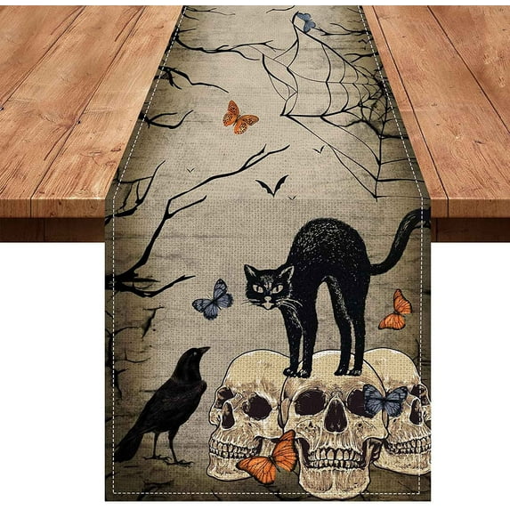 PEIBang Linen Halloween Tablecloth 13.00 x 72.00 Inches Gothic Skull Day of The Dead Roses Decor for Dining Table Kitchen Party Supplies Washable Durable Home Decorations