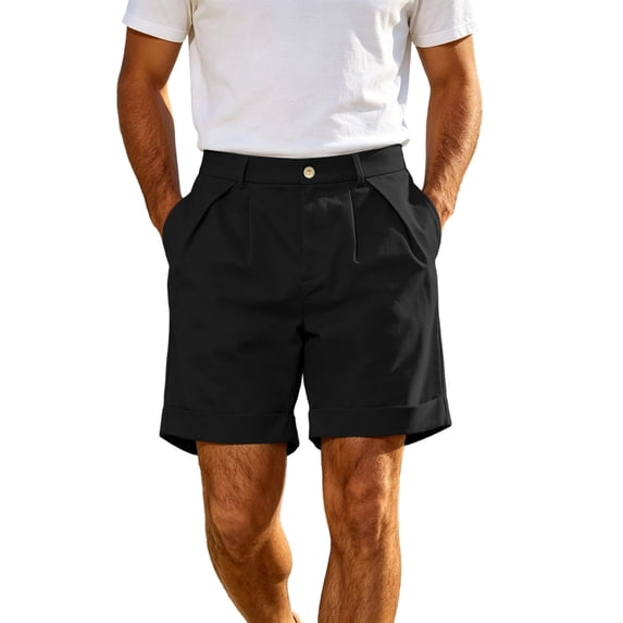 PEIBang Men's Relax Fit Pleated Casual Shorts,Button Closure Waist Rolled Cuff Everyday Wear Pocketed Shorts Black L