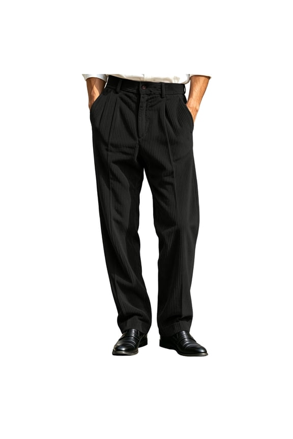 Men's Solid Vertical Striped Corduroy Pants, Front Pleat High Rise Waist Relax Fit Wide Leg