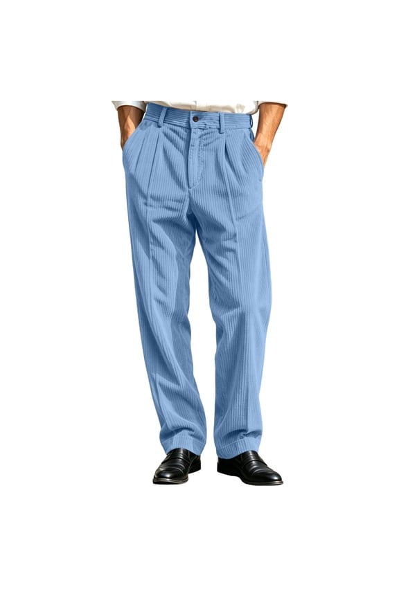 Men's Solid Vertical Striped Corduroy Pants, Front Pleat High Rise Waist Relax Fit Wide Leg