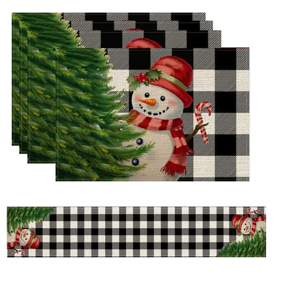 PEIBang Merry Christmas Table Runner with 4 Placemats,Winter Dining Table Decoration Set,Christmas Dining Mat for Home Party Kitchen Decor