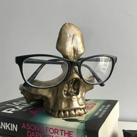 PEIBang Skull Glasses Stand Holder,Resin Eyeglasses Display Rack for Sunglasses,Home Office Desk Nightstand Decor,Gold Skull Statue Ornament 5.91x4.72x3.94 Inches