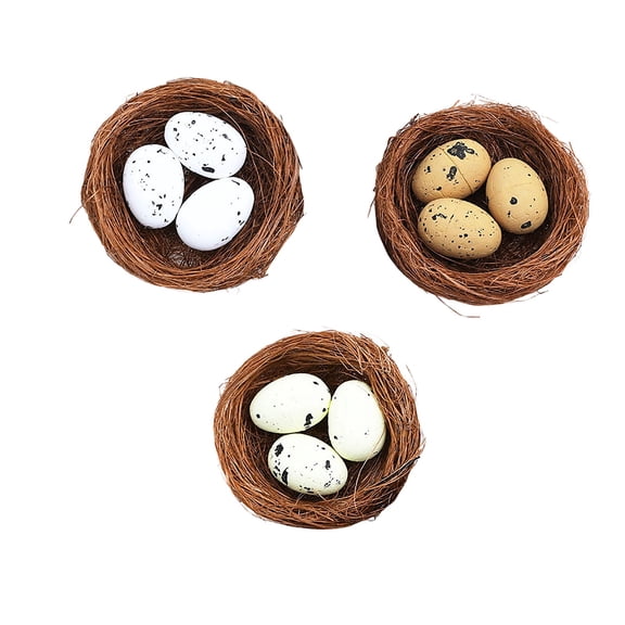 PEIBang Small Faux Bird Nest with Eggs Set of 3,Handwoven Artificial Rattan Birds Nest Speckled Eggs for Easter Spring Home Party Decorations