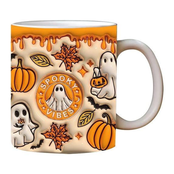 PEIBang Spooky Halloween Ghost Face Ceramic Coffee Mug 11.83 oz Orange Pumpkin Design Dishwasher Safe Gift for Halloween Party Decor
