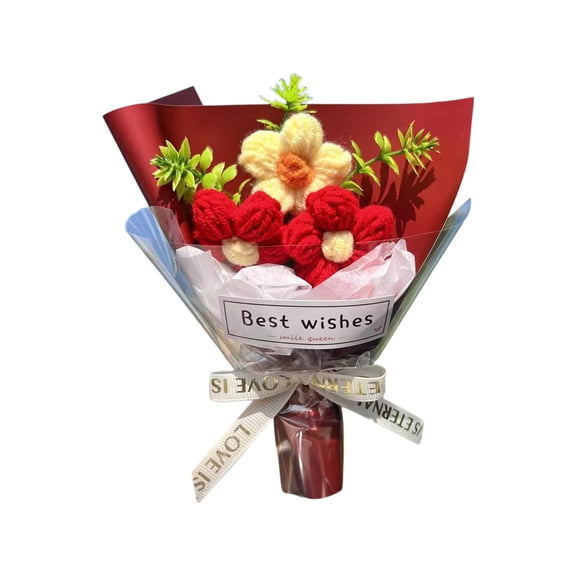 PEIBang Valentine's Day Crochet Flowers Bouquet,Hand Knitted Crochet Floral Bouquet for Home Wedding Birthday Valentines Day Decor