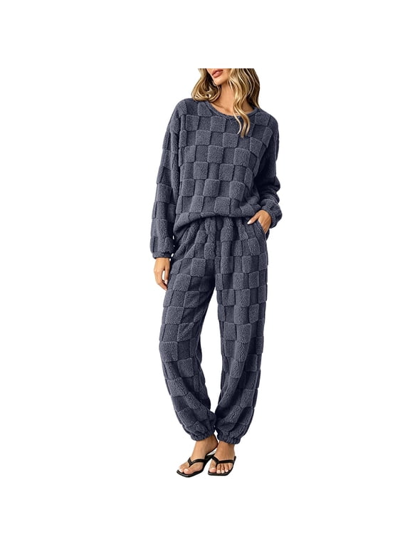 Womens Checkered Fleece Pajama Set 3D Grid Jacquard Crew Neck Top Cuffed Pants Winter Lounge Wear