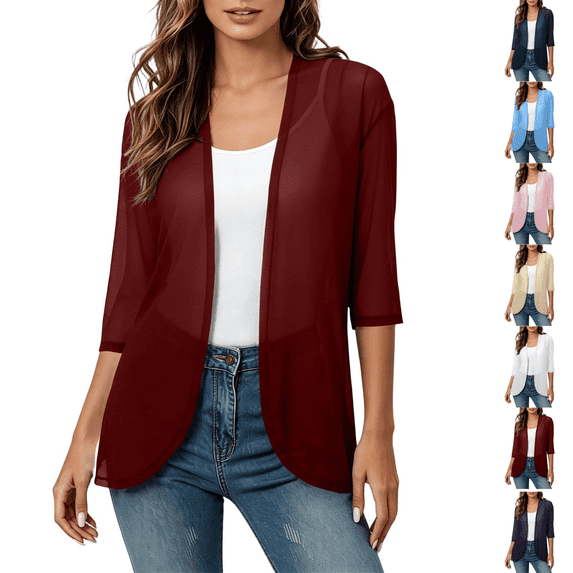 PEIBang Women's Basic Solid 3/4 Sleeve Open Front Shrug, Soft Lightweight Knit Cardigan for Office Daily Casual Wear