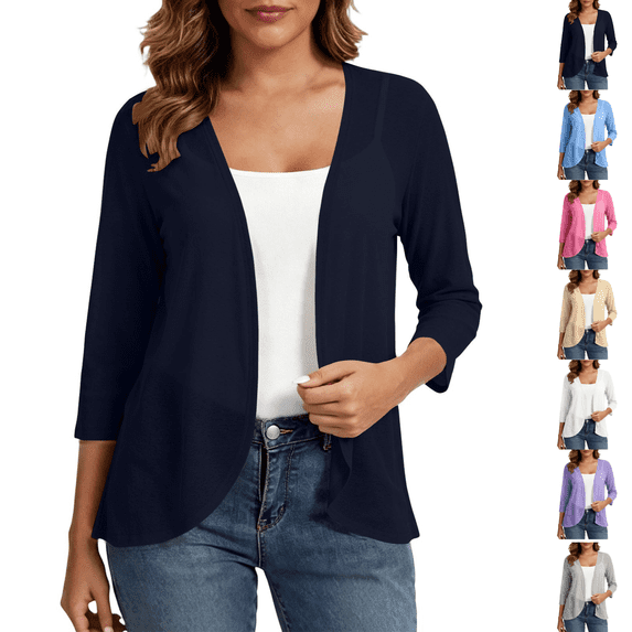 PEIBang Women's Basic Solid 3/4 Sleeve Open Front Shrug, Soft Lightweight Knit Cardigan for Office Daily Casual Wear